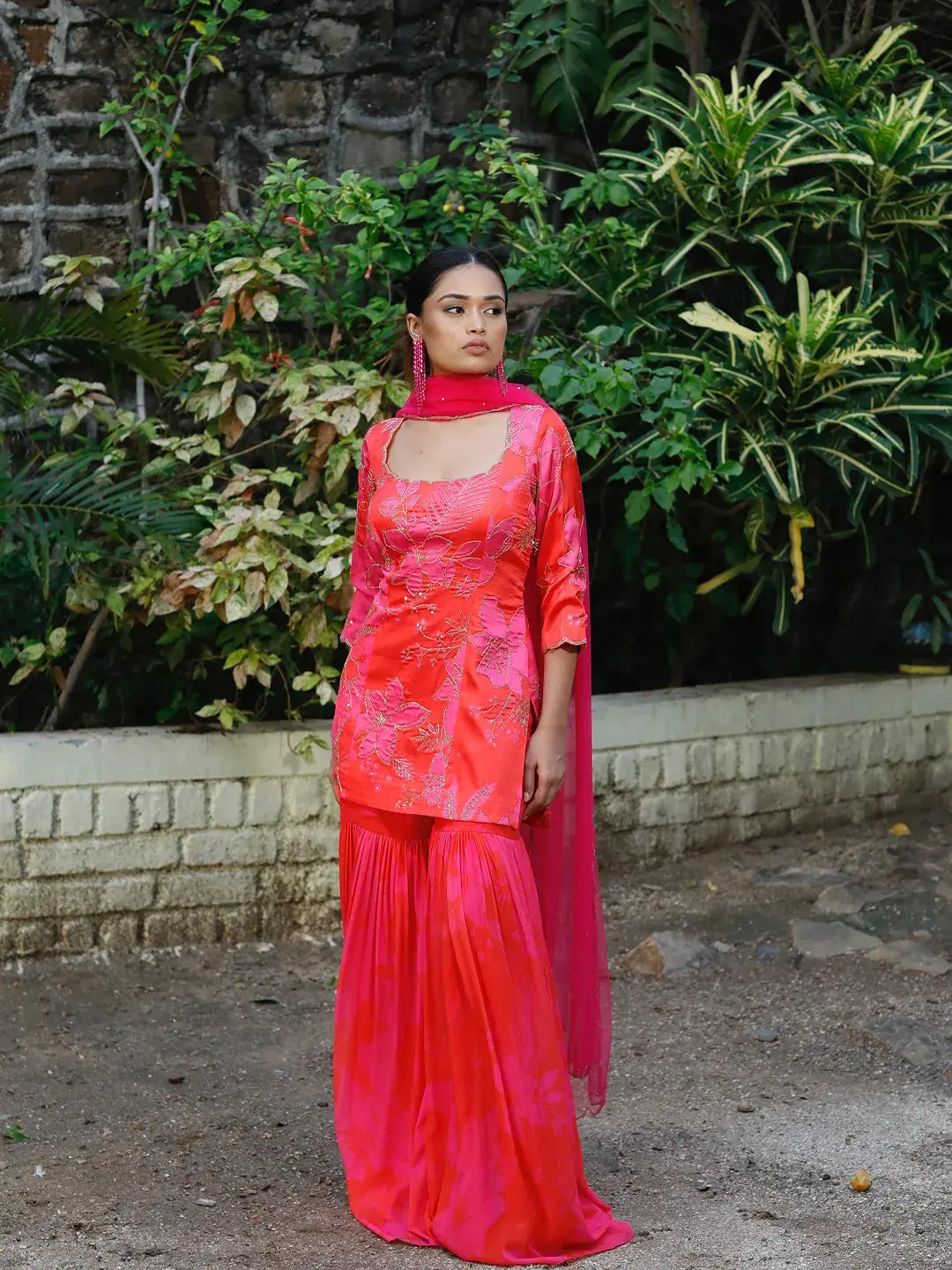Pink/Red Printed Scoop Scallop Sharara Set