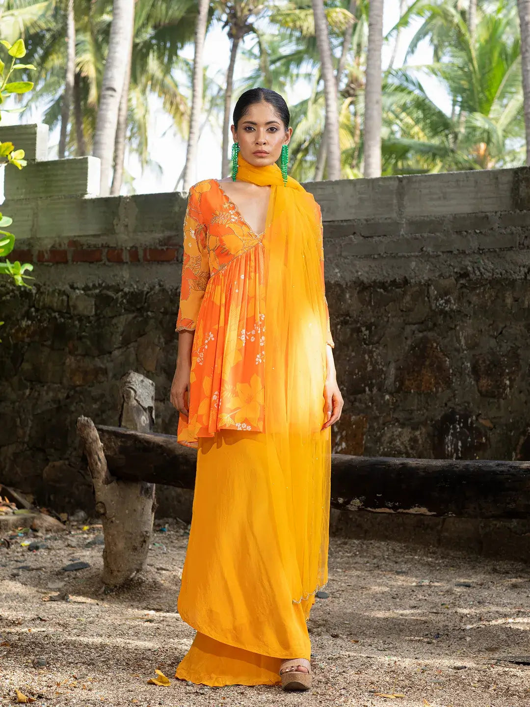 Yellow/Orange Printed Peplum Kurti Set
