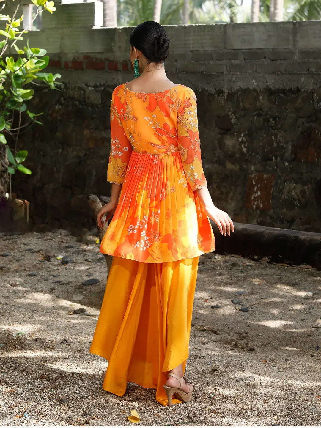 Yellow/Orange Printed Peplum Kurti Set