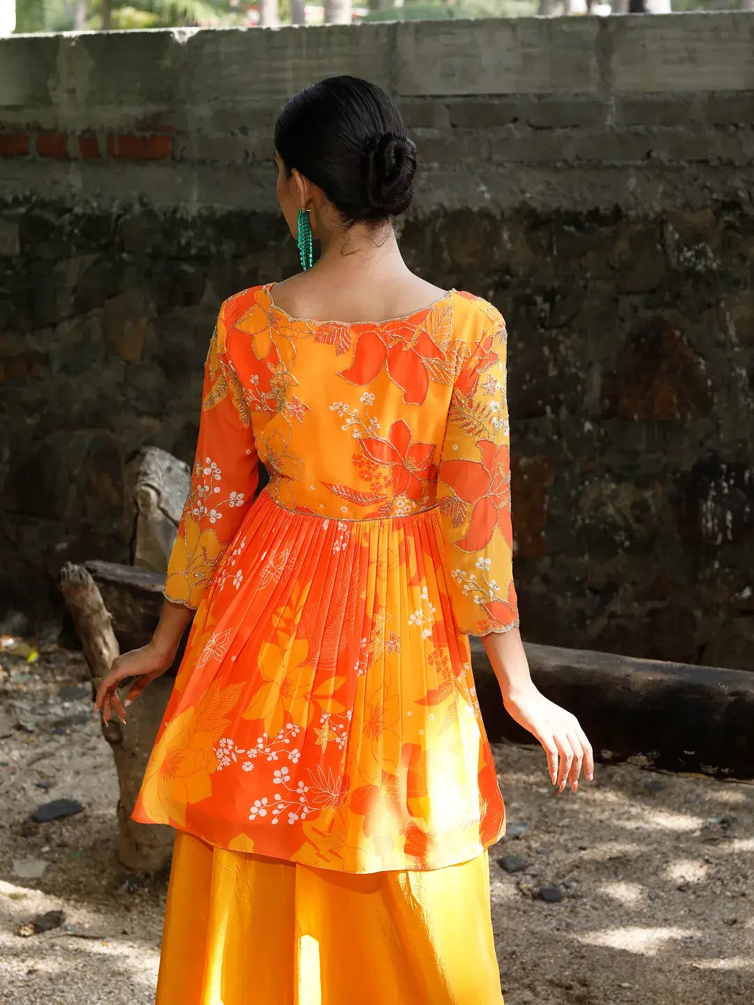 Yellow/Orange Printed Peplum Kurti Set