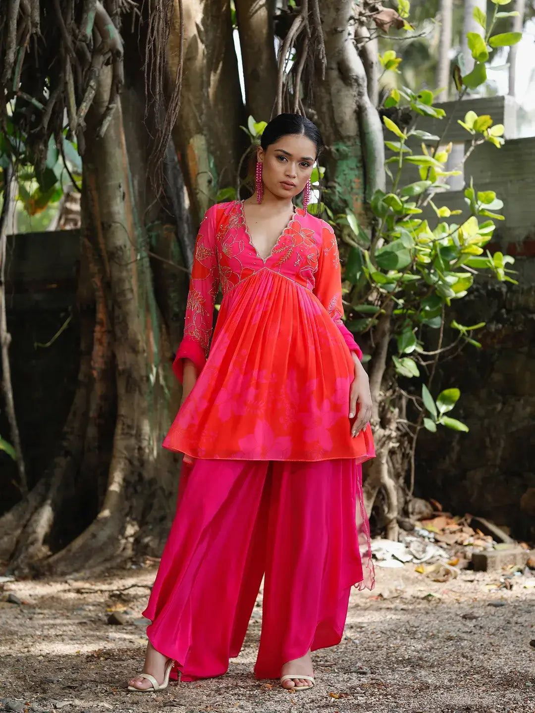 Pink/Red Printed Peplum Kurti Set
