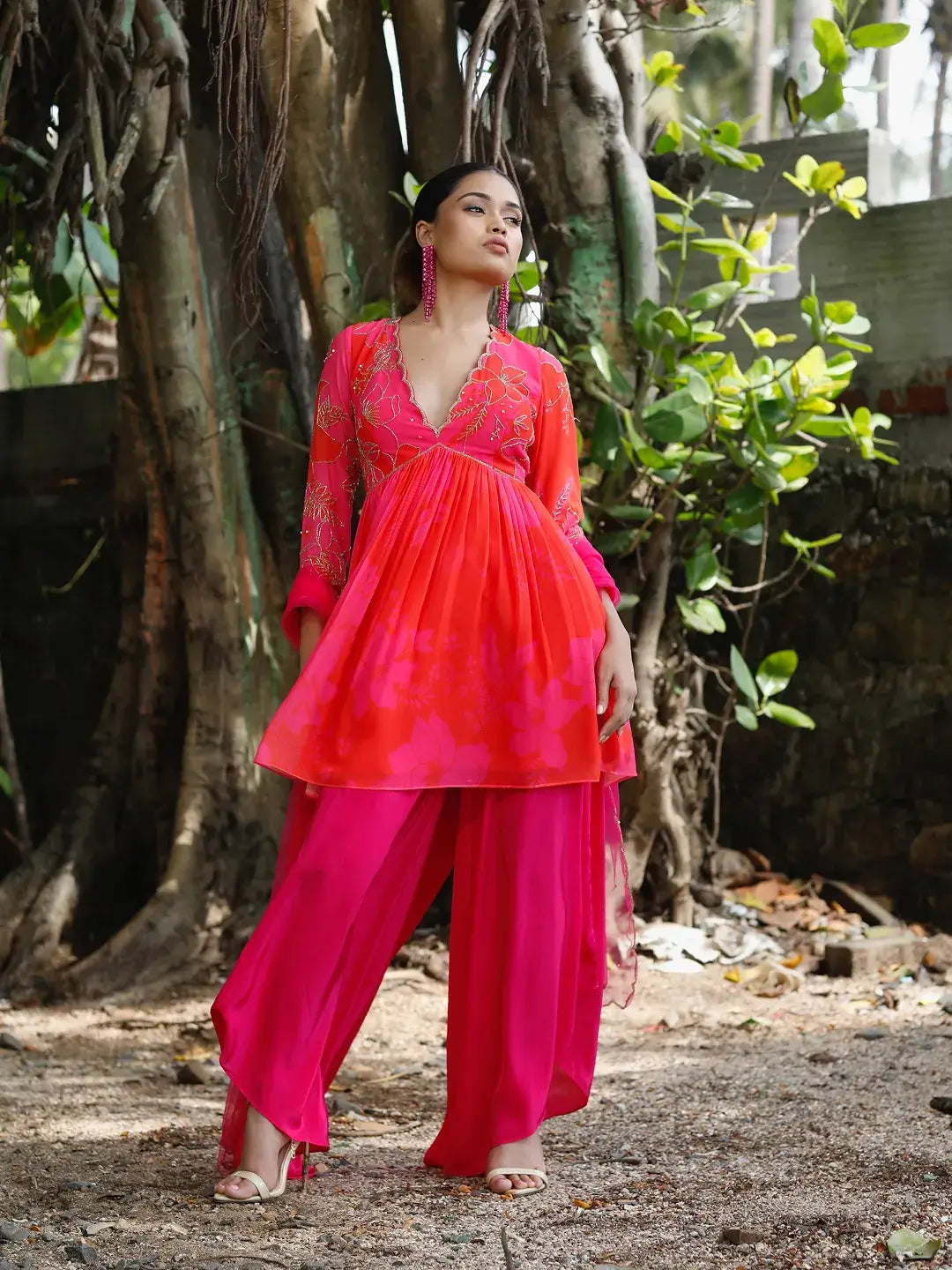 Pink/Red Printed Peplum Kurti Set