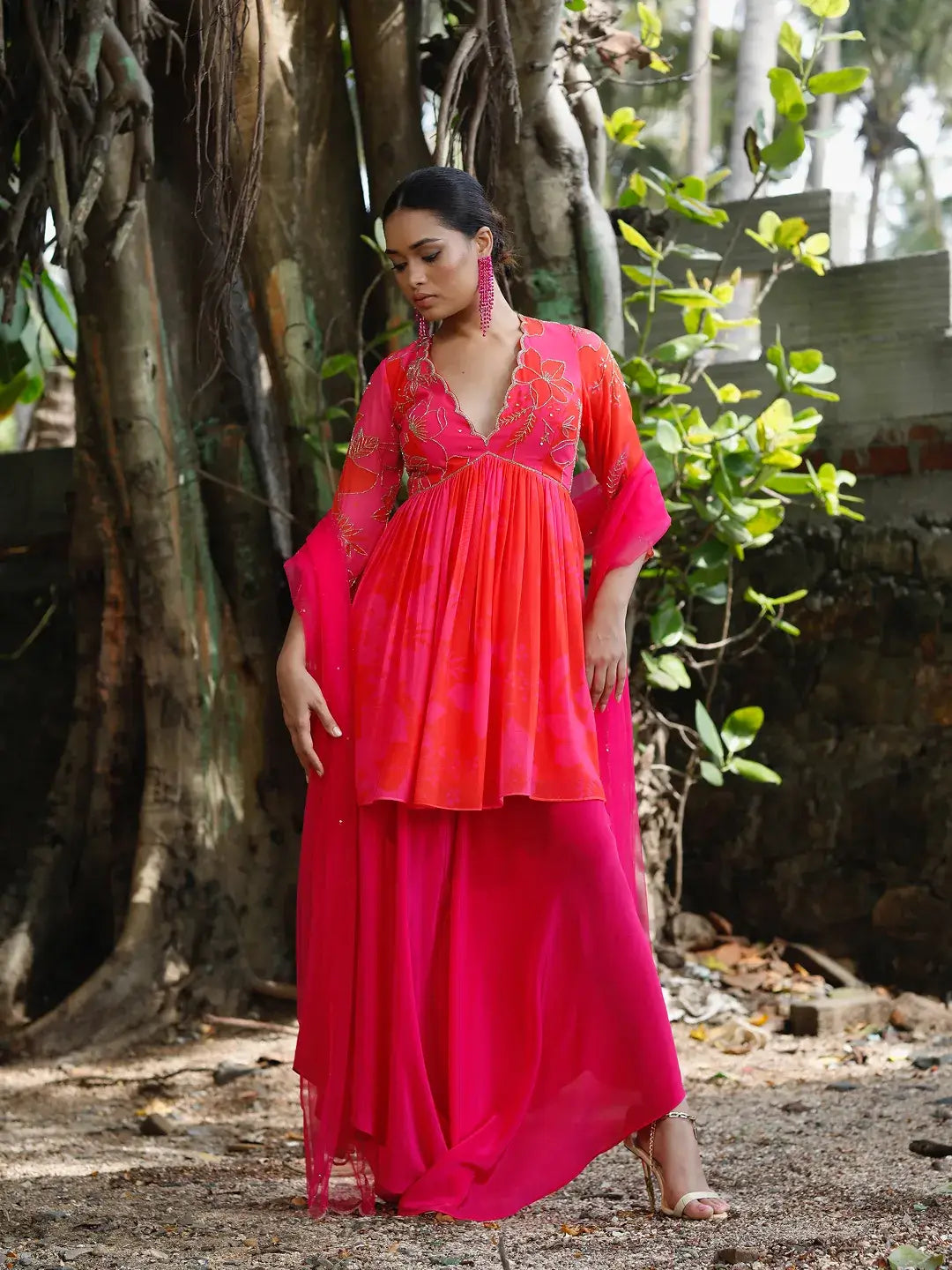 Pink/Red Printed Peplum Kurti Set