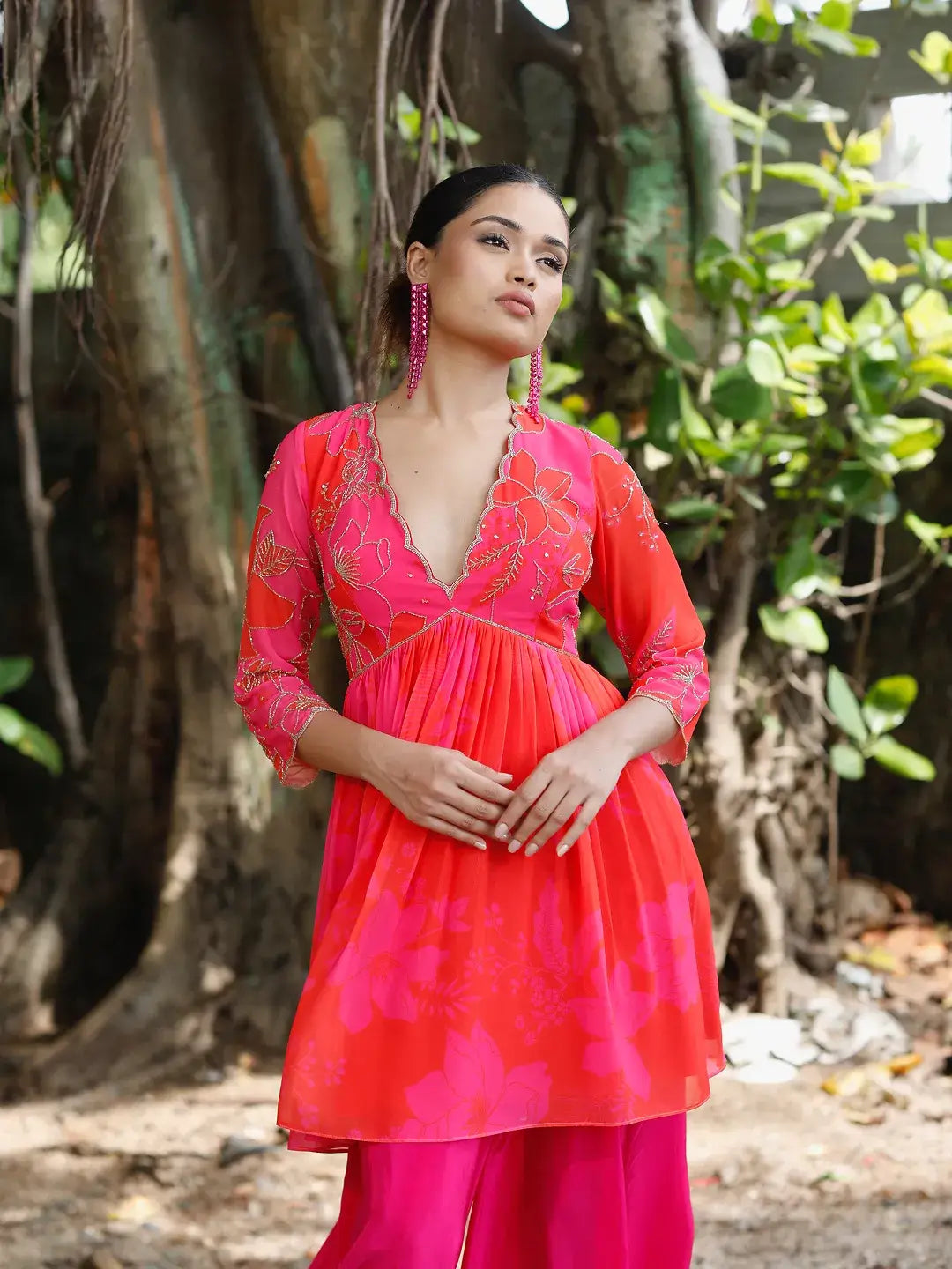 Pink/Red Printed Peplum Kurti Set
