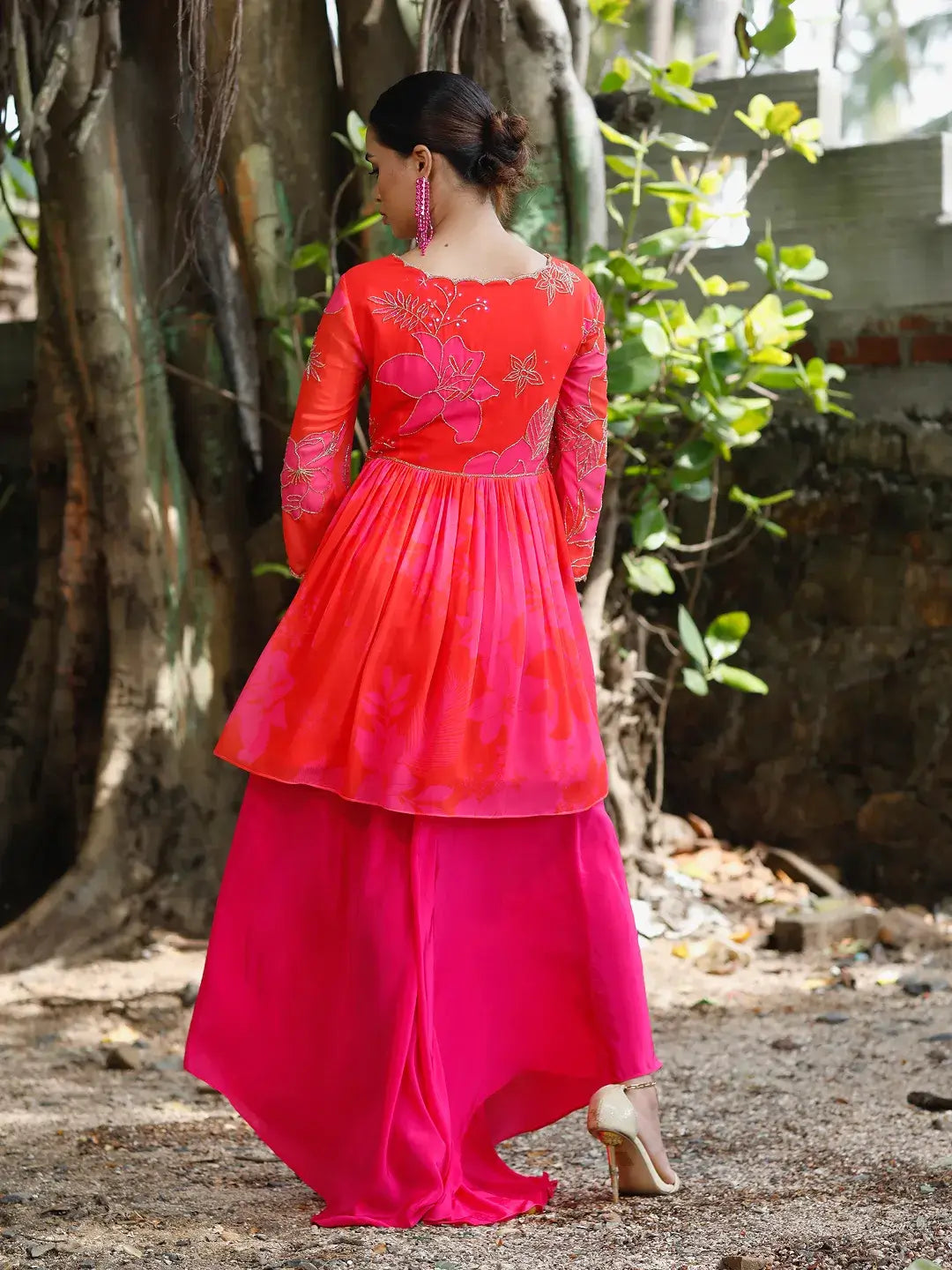 Pink/Red Printed Peplum Kurti Set