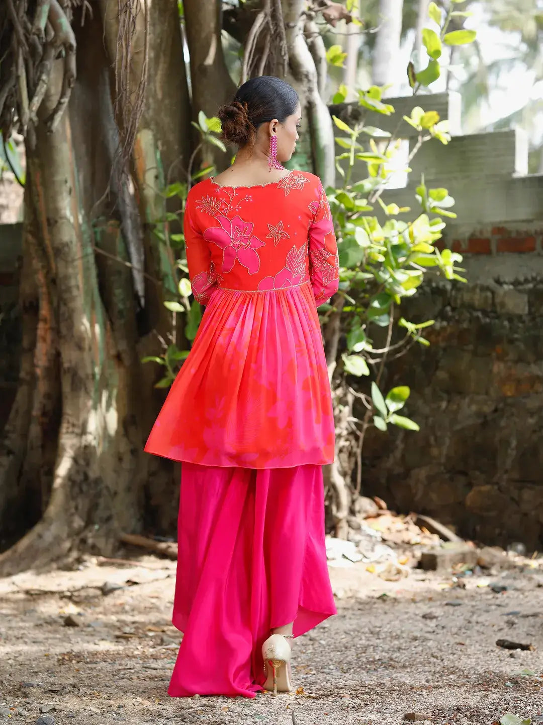 Pink/Red Printed Peplum Kurti Set