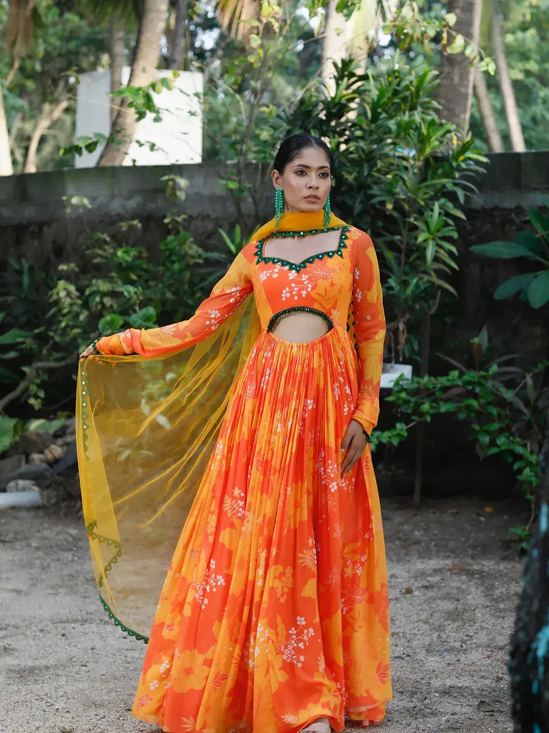 Yellow/Orange Printed cut-out Anarkali Set