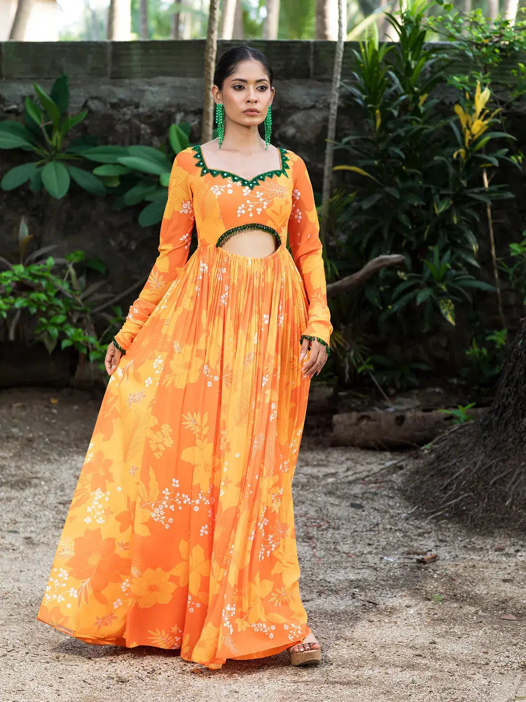 Yellow/Orange Printed cut-out Anarkali Set