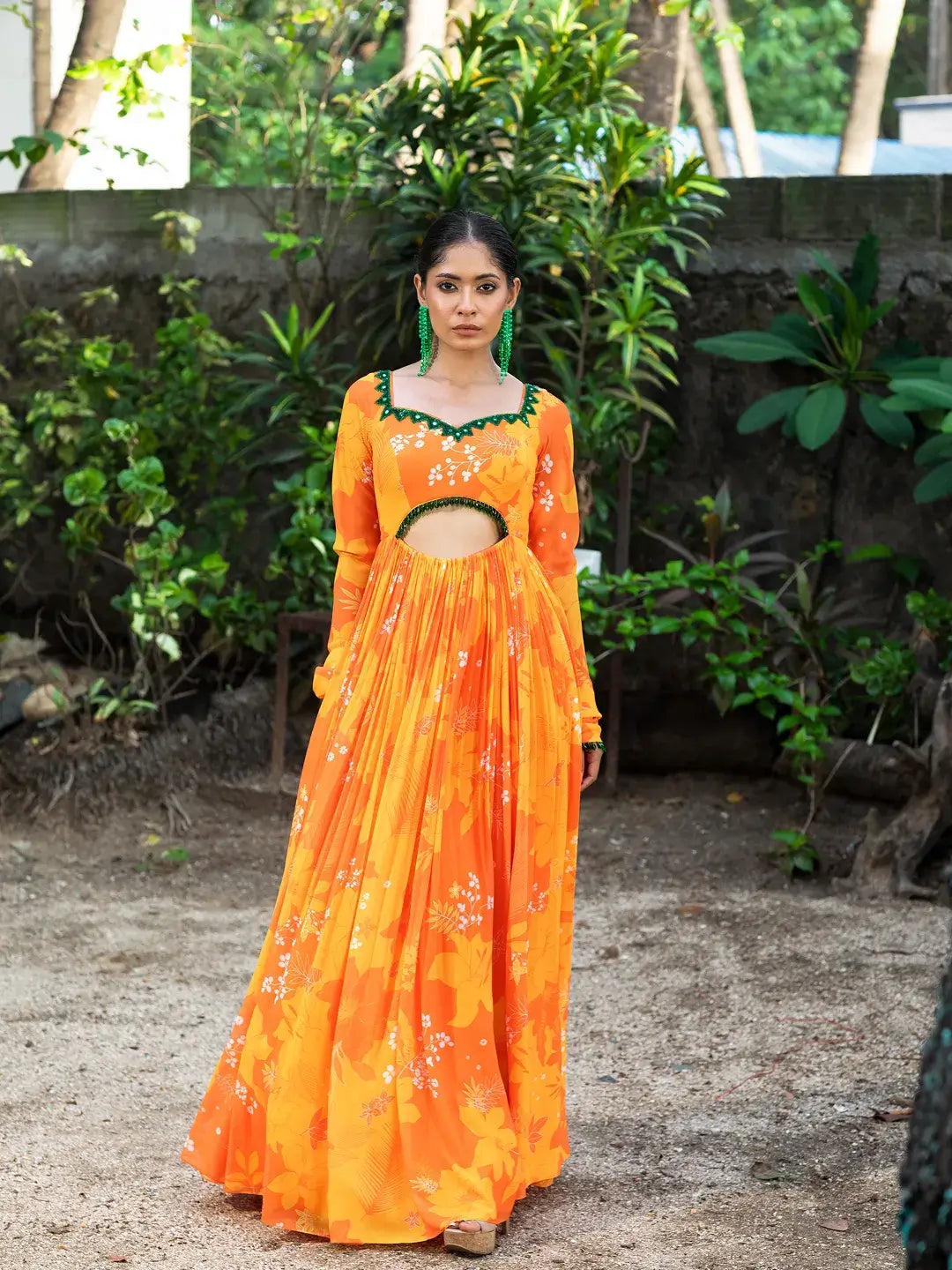 Yellow/Orange Printed cut-out Anarkali Set