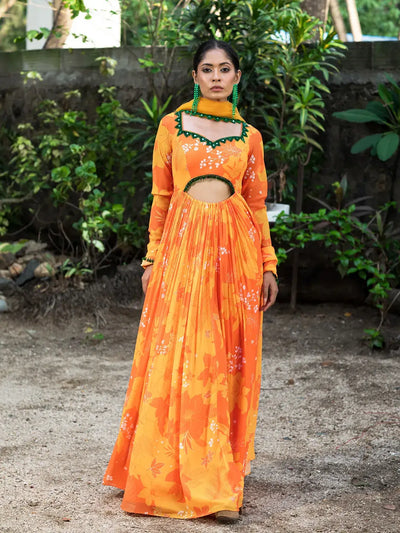 Yellow/Orange Printed cut-out Anarkali Set