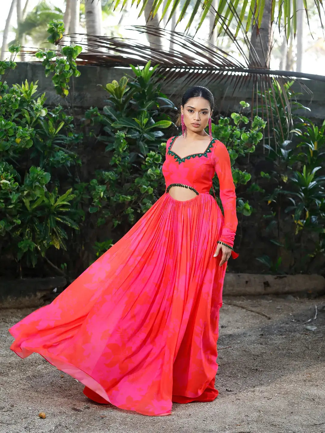 Pink/Red Printed cut-out Anarkali Set
