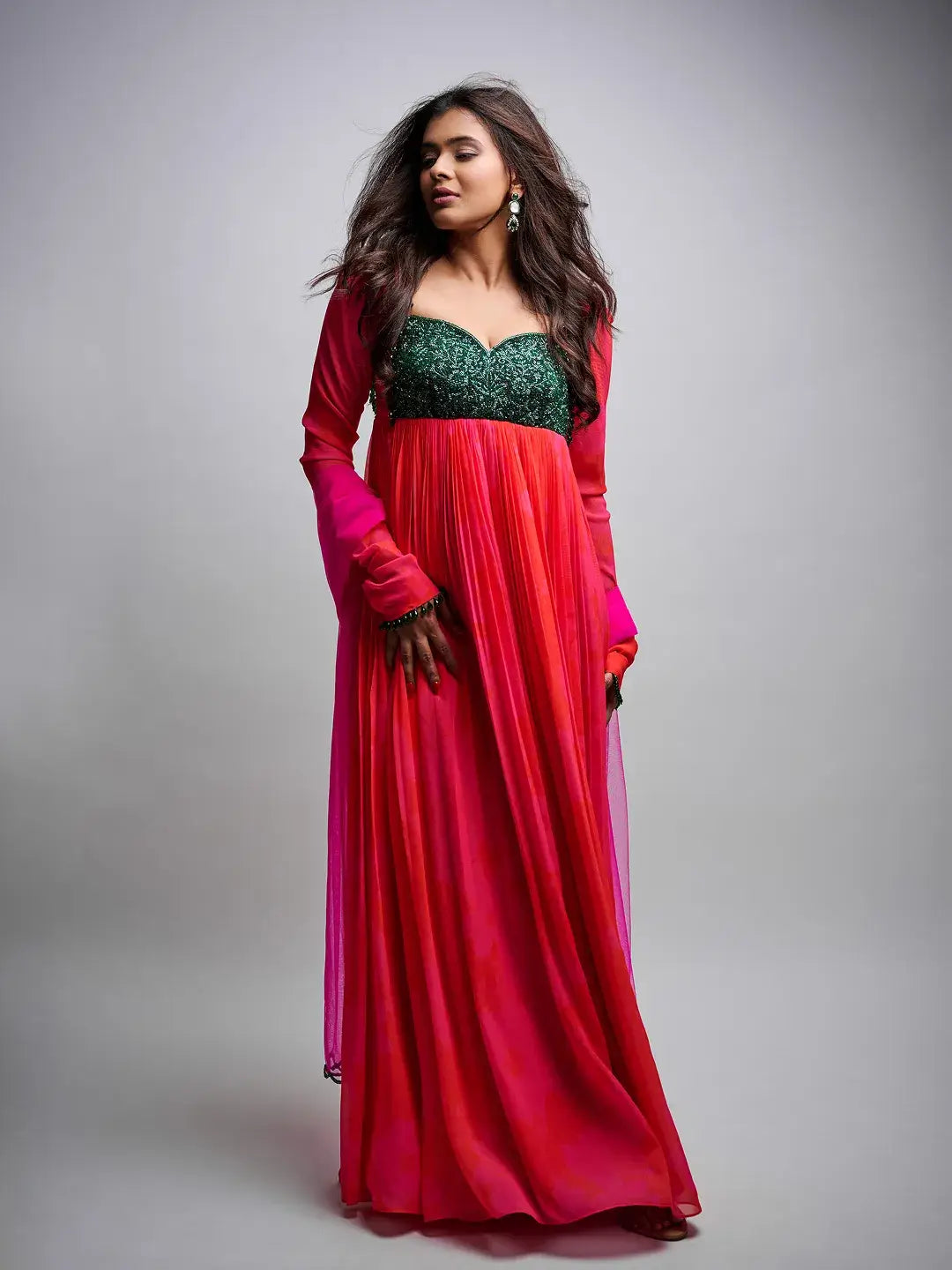 Pink/Red Printed Green Work Anarkali Set
