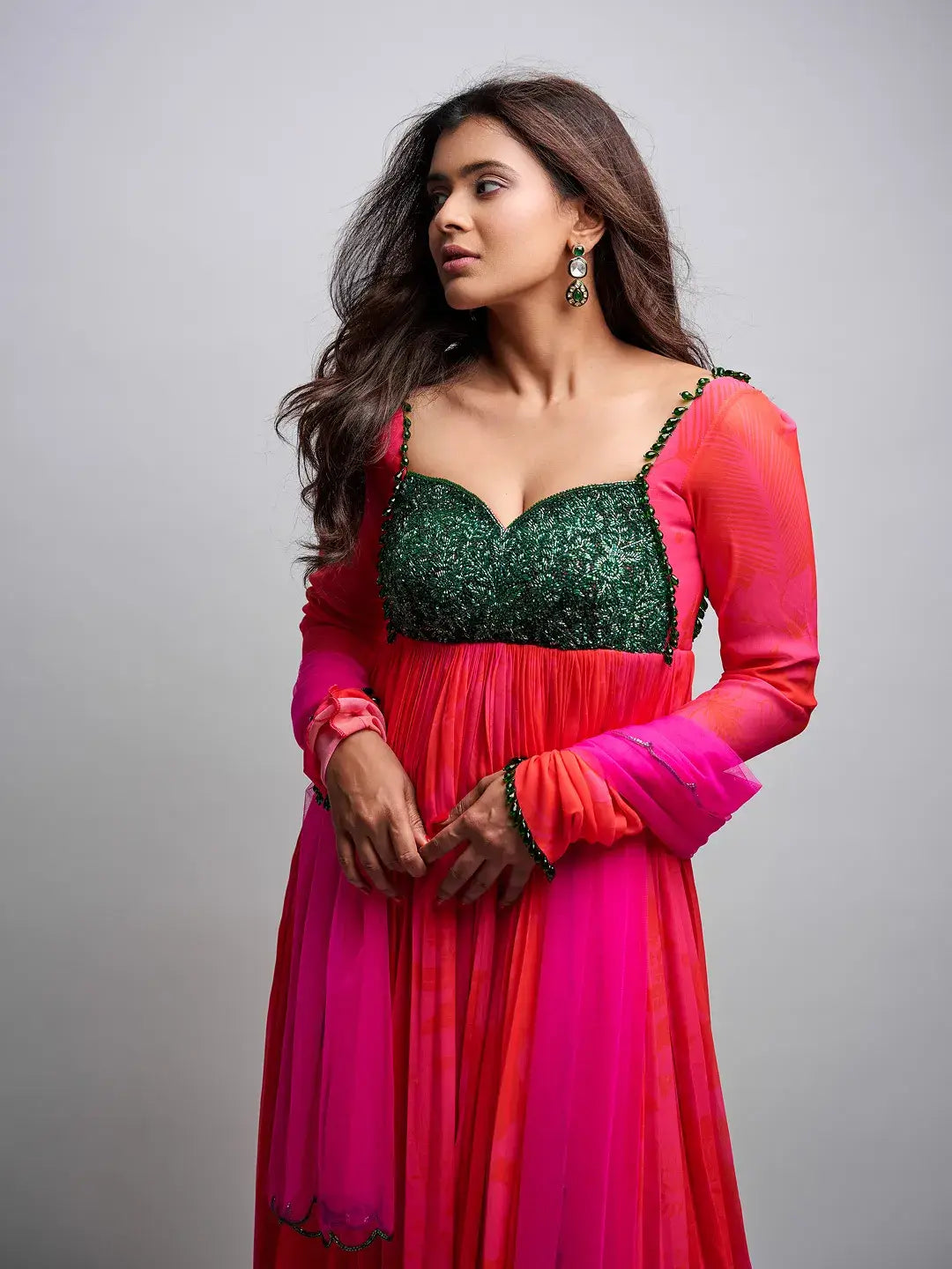 Pink/Red Printed Green Work Anarkali Set