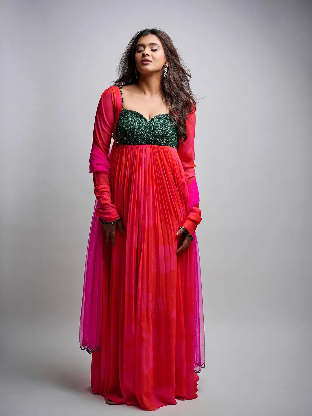 Pink/Red Printed Green Work Anarkali Set