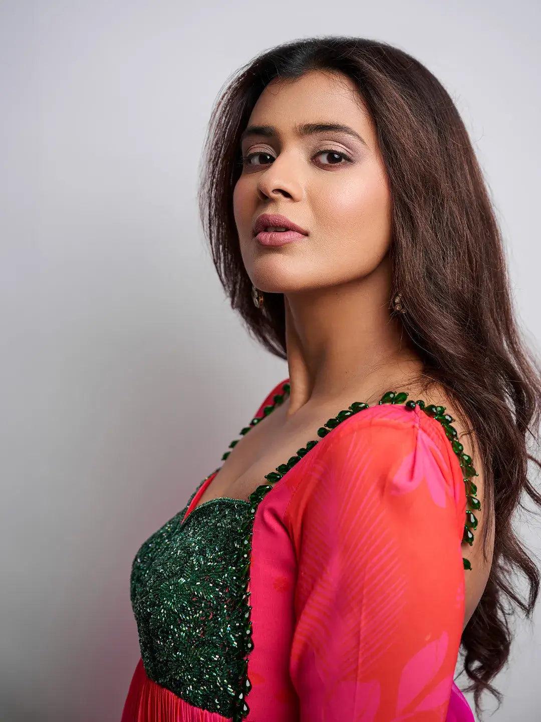Pink/Red Printed Green Work Anarkali Set