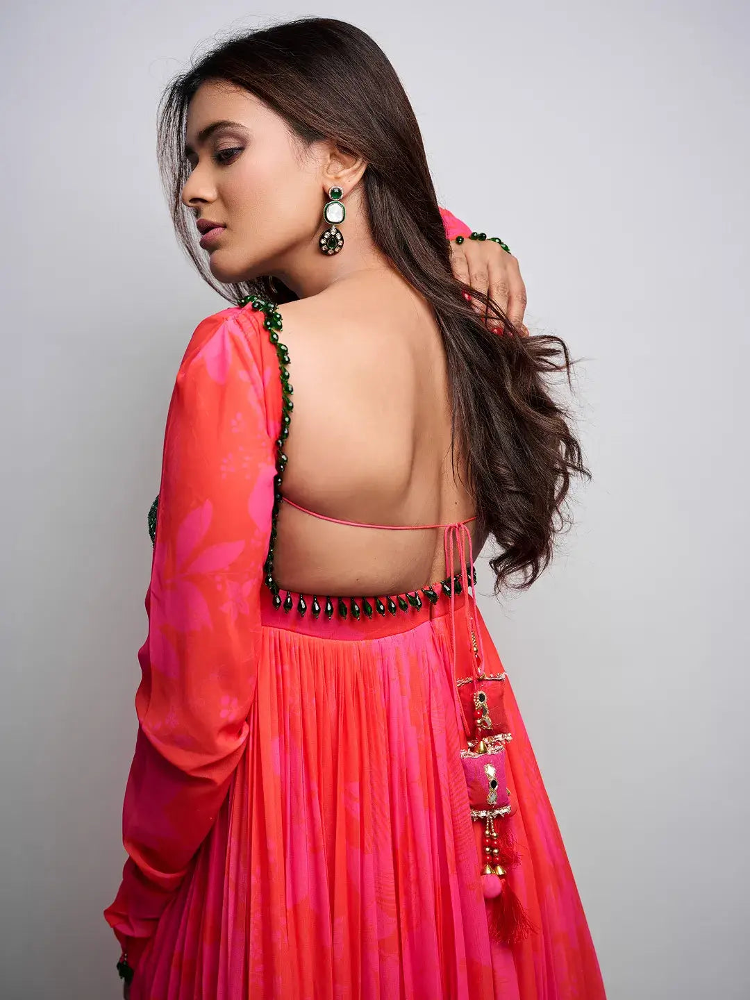 Pink/Red Printed Green Work Anarkali Set