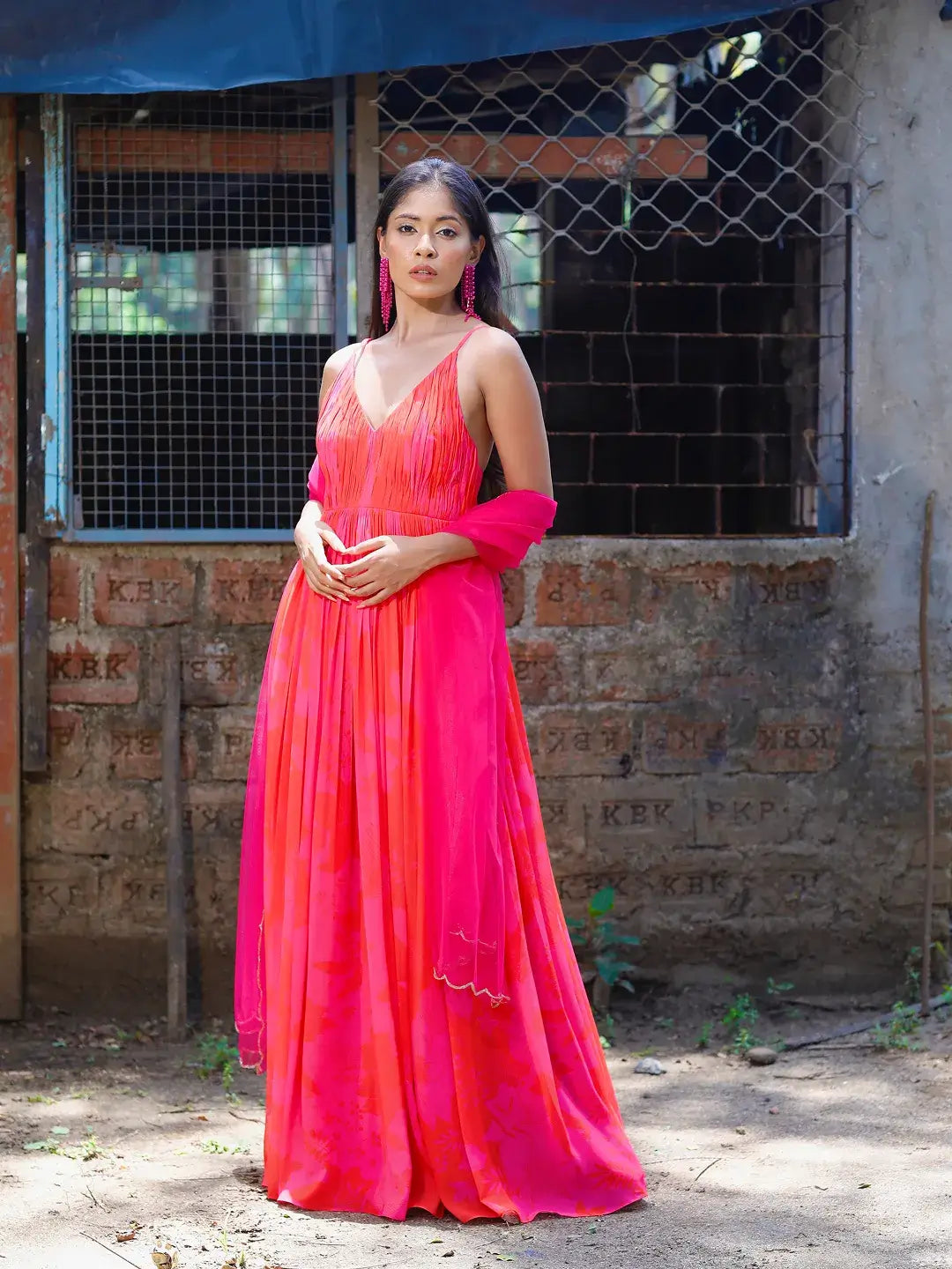 Pink/Red Printed Strappy Ruched Anarkali Set