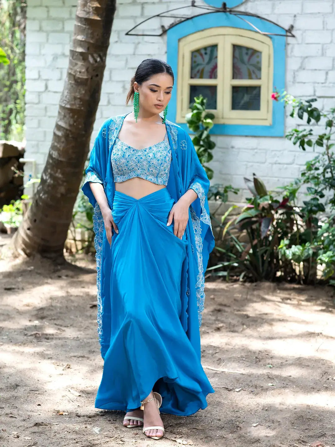 Teal Blue Tulip Skirt with Cape Set