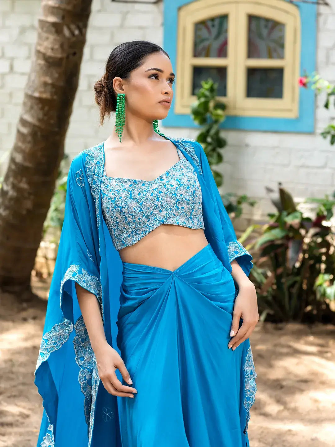 Teal Blue Tulip Skirt with Cape Set