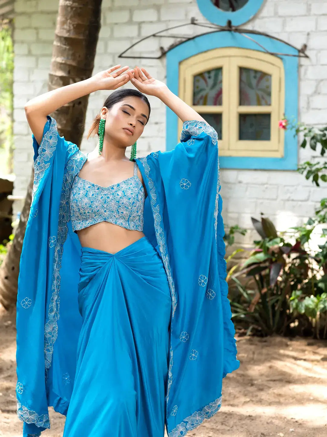 Teal Blue Tulip Skirt with Cape Set