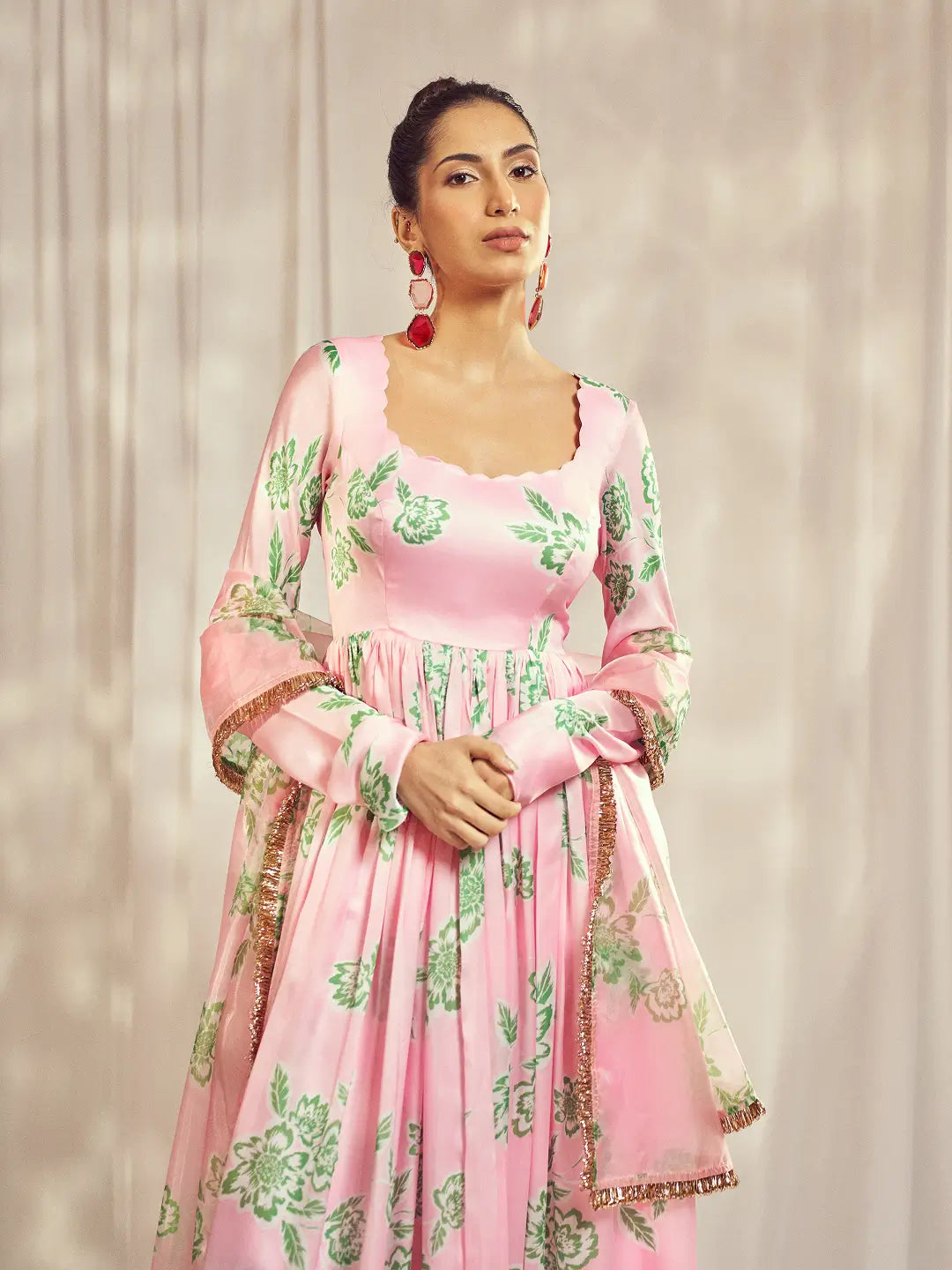 Baby Pink Self Scallop Anarkali Set