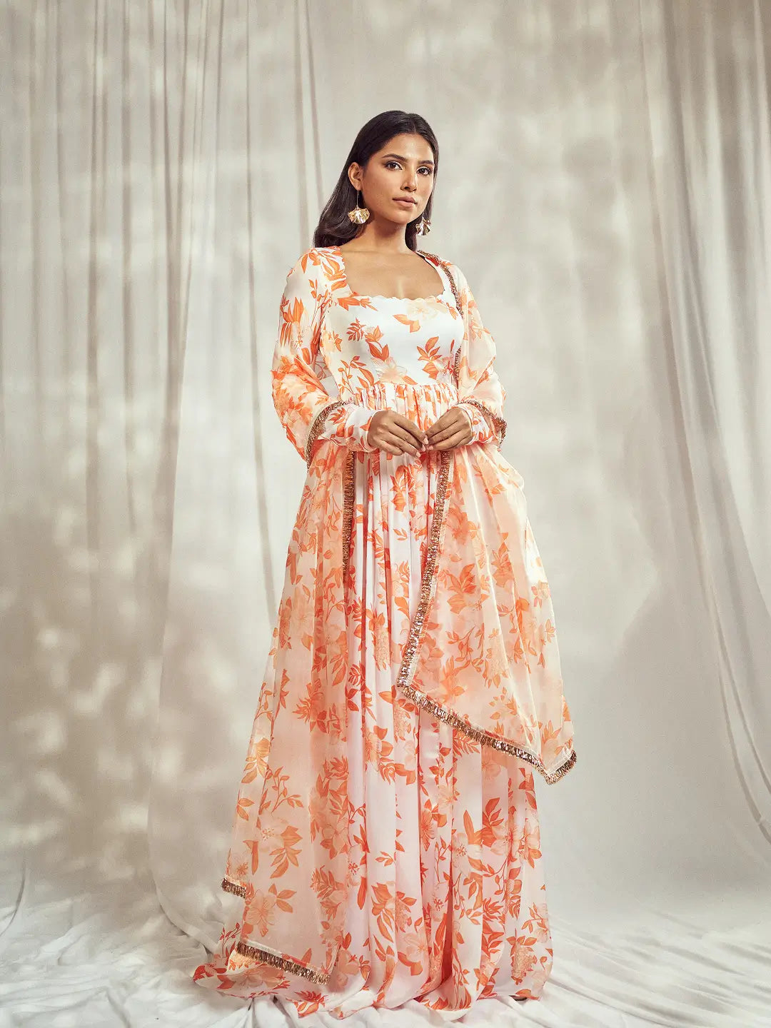 Burnt Orange Self Scallop Anarkali Set