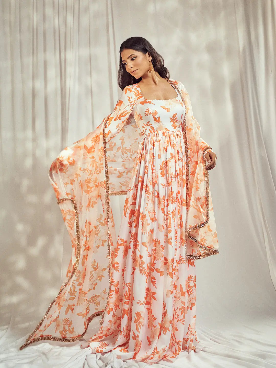Burnt Orange Self Scallop Anarkali Set