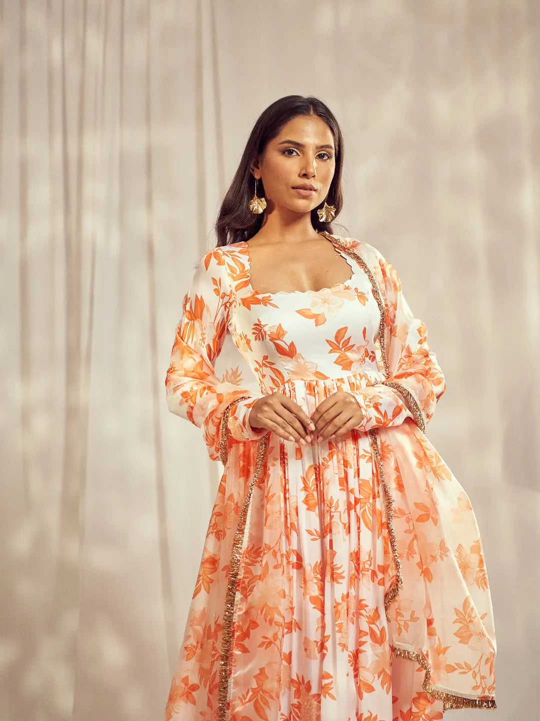 Burnt Orange Self Scallop Anarkali Set