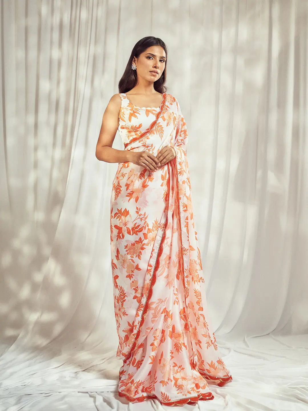 Burnt Orange Print Saree Set