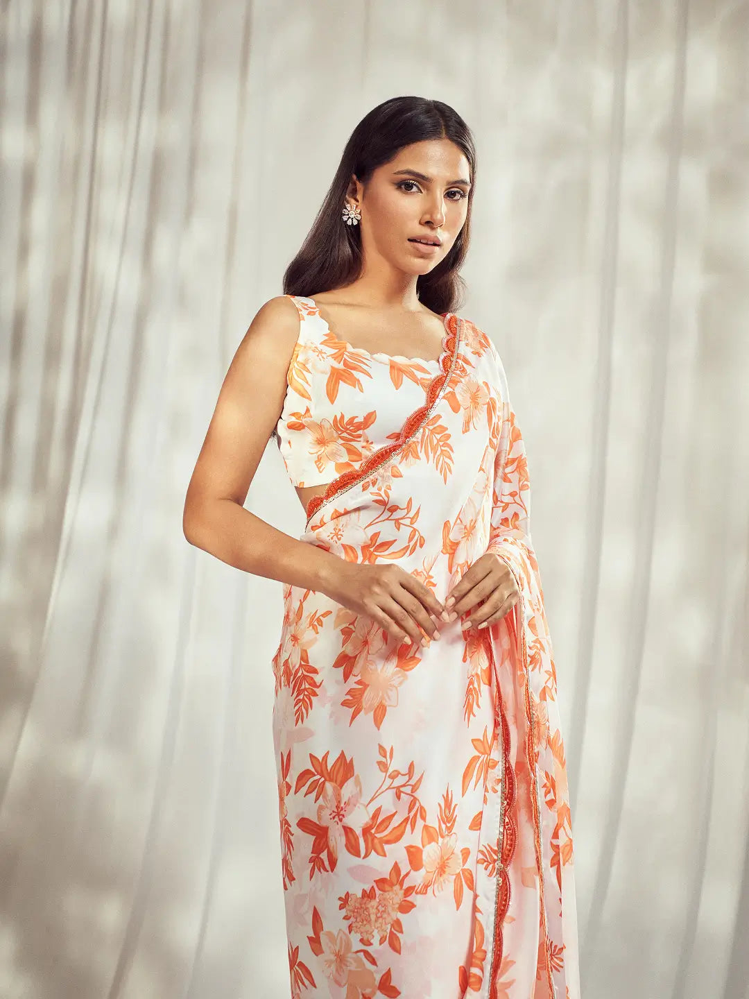 Burnt Orange Print Saree Set