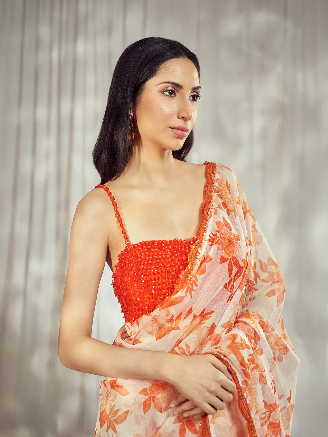 Burnt Orange Star Organdie Saree Set