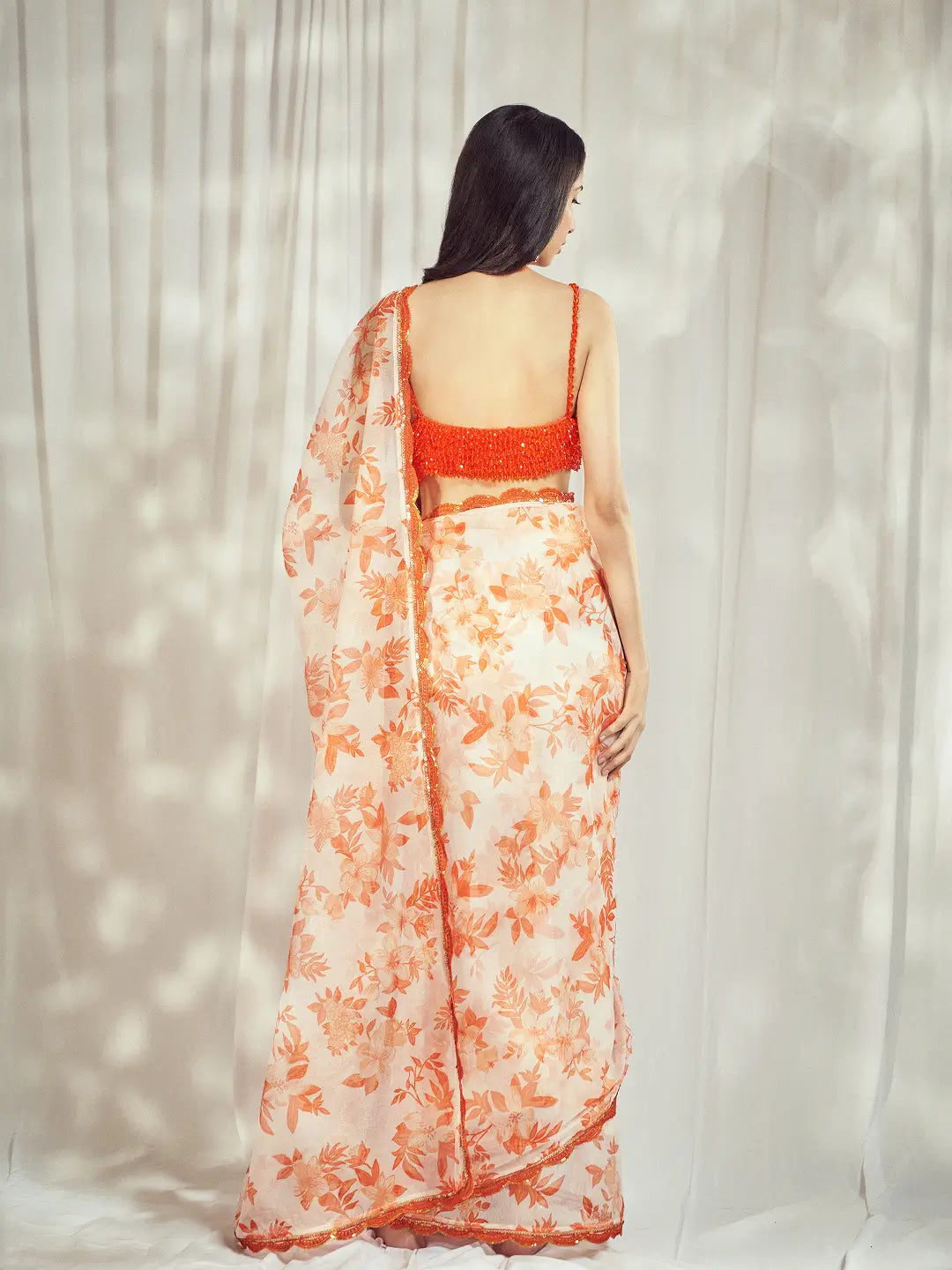 Burnt Orange Star Organdie Saree Set
