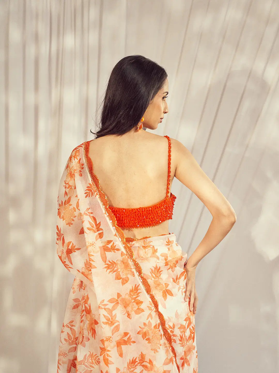 Burnt Orange Star Organdie Saree Set