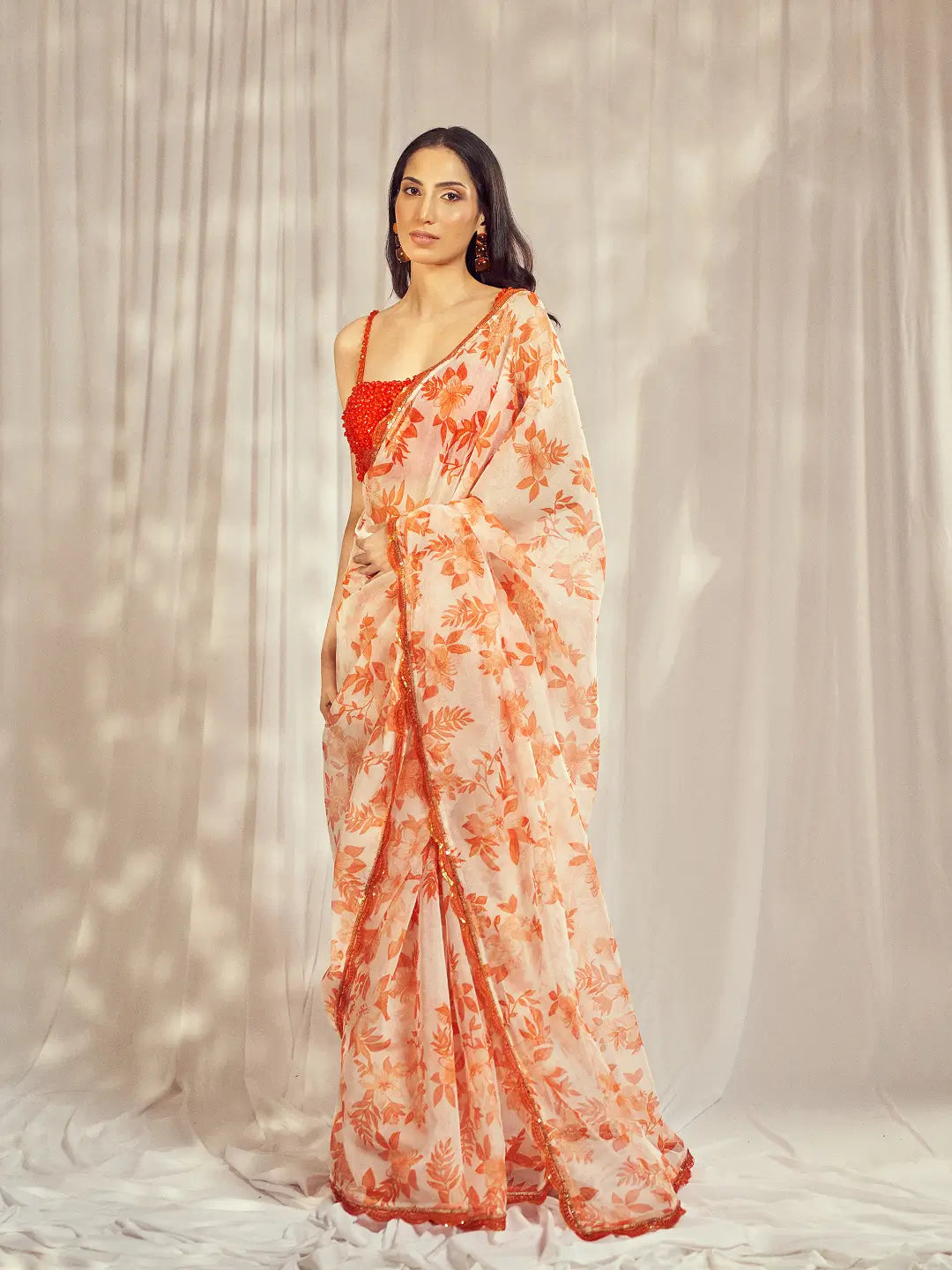 Burnt Orange Star Organdie Saree Set