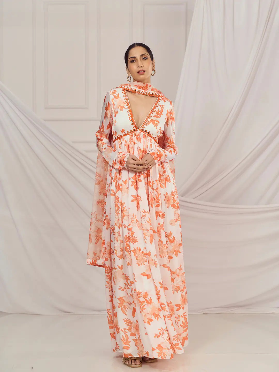 Burnt Orange Print Mirror-work Anarkali Set