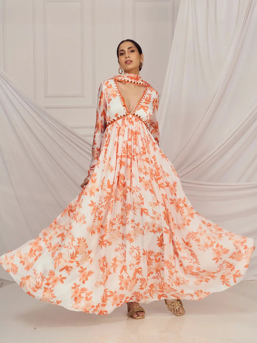 Burnt Orange Print Mirror-work Anarkali Set