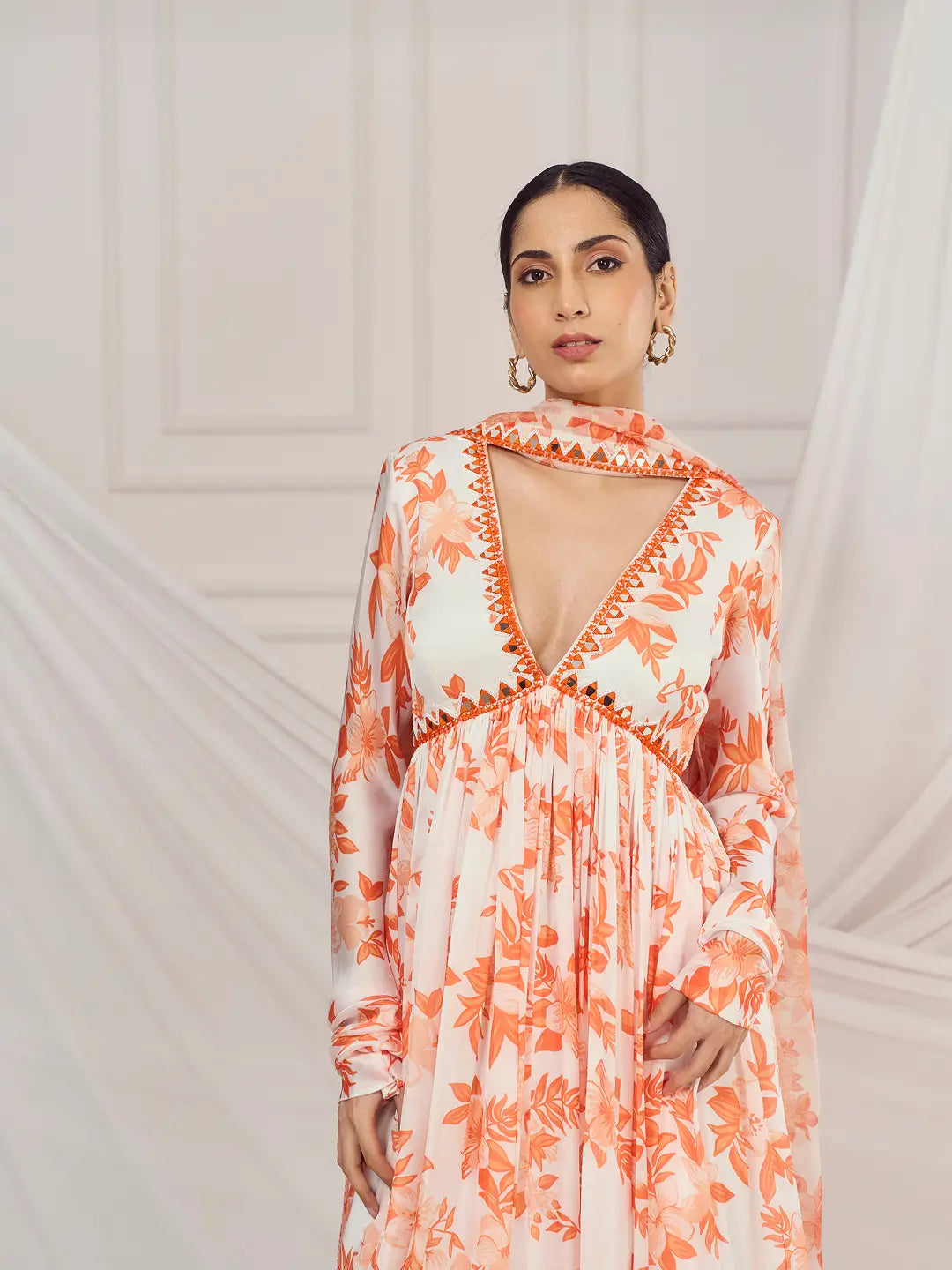 Burnt Orange Print Mirror-work Anarkali Set