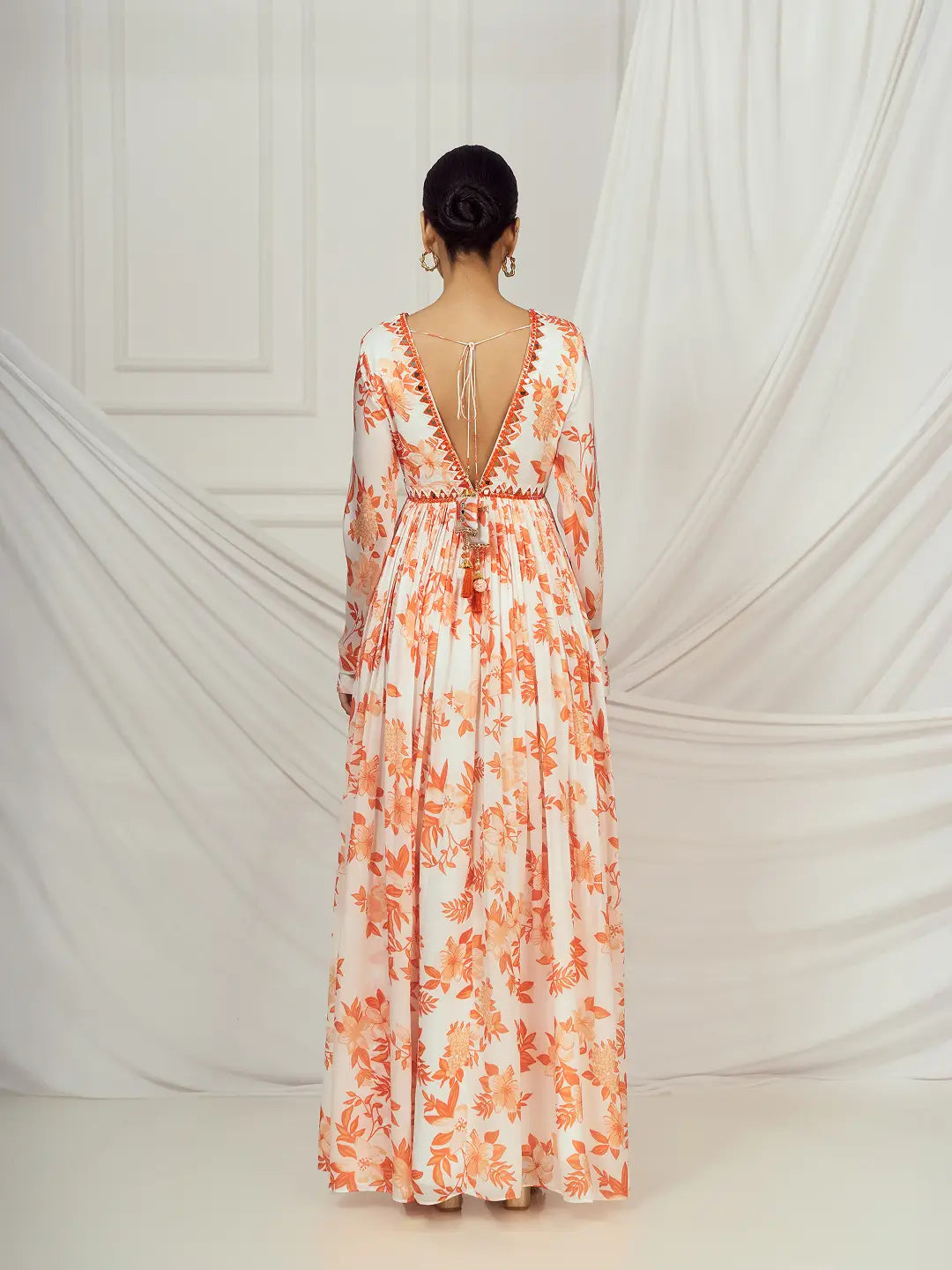 Burnt Orange Print Mirror-work Anarkali Set