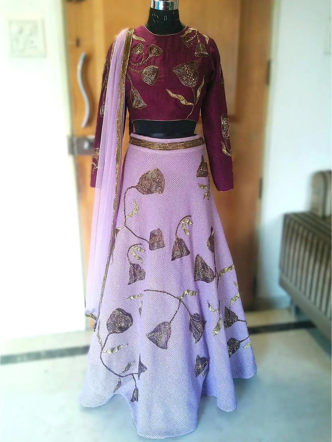 Textured lehenga with floral applique