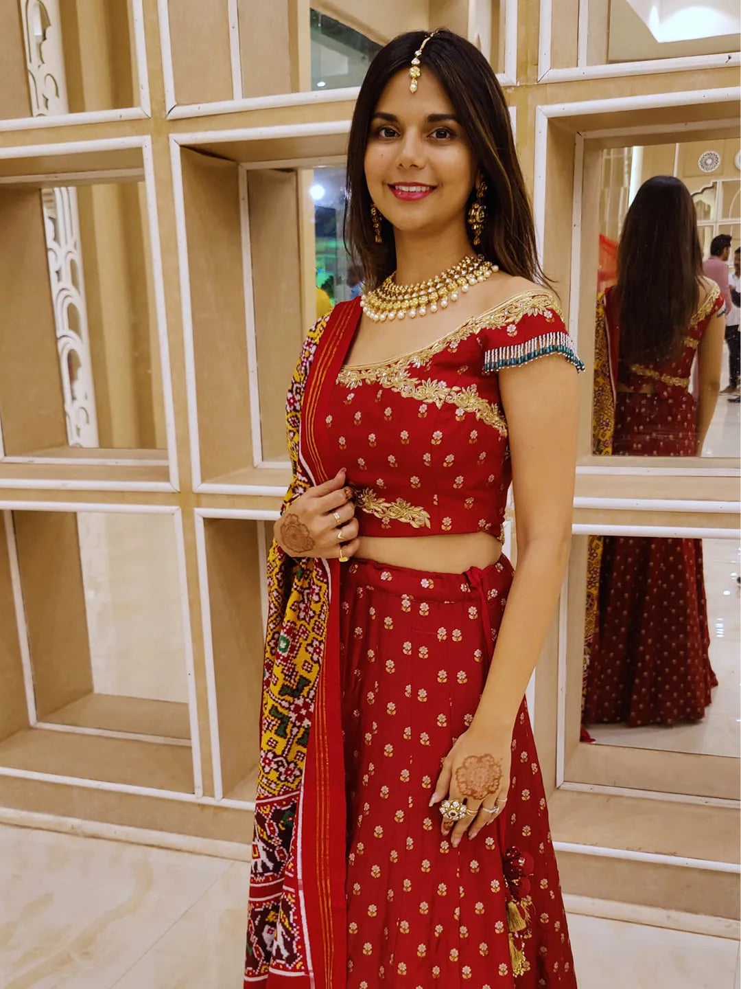Off shoulder silk lehenga