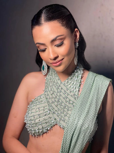 Green halter neck blouse  with drapped saree
