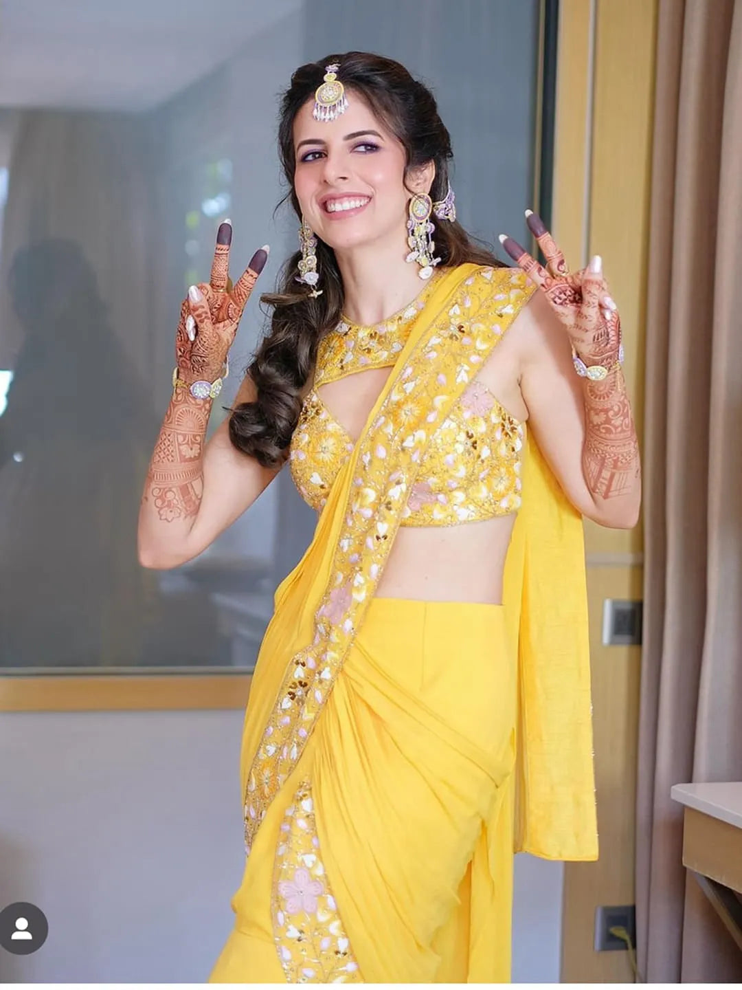 Yellow drape saree with embroidred blouse set