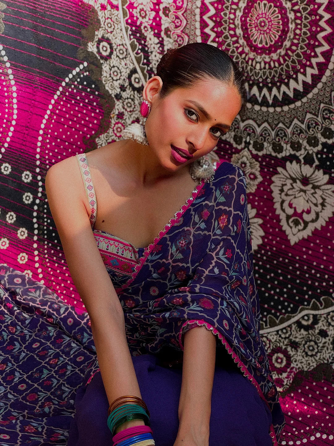 Purple printed saree with bustier blouse set