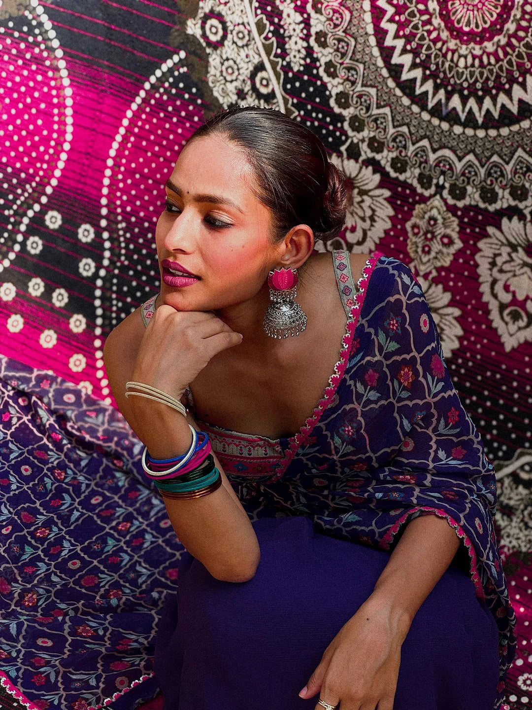 Purple printed saree with bustier blouse set