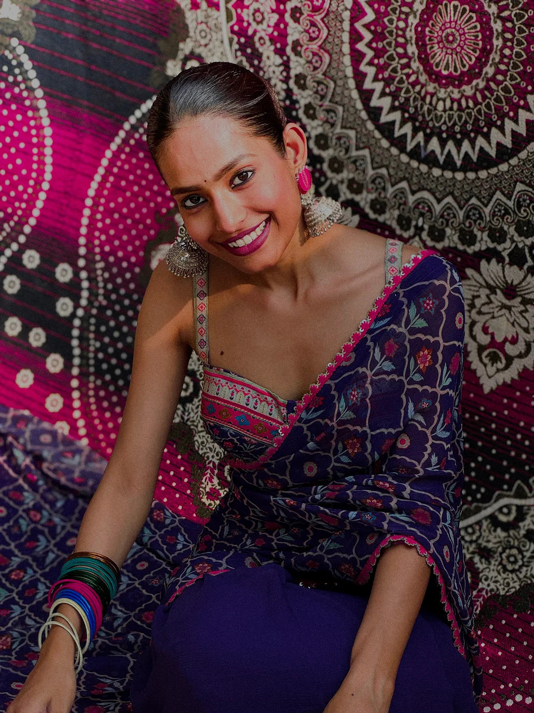 Purple printed saree with bustier blouse set