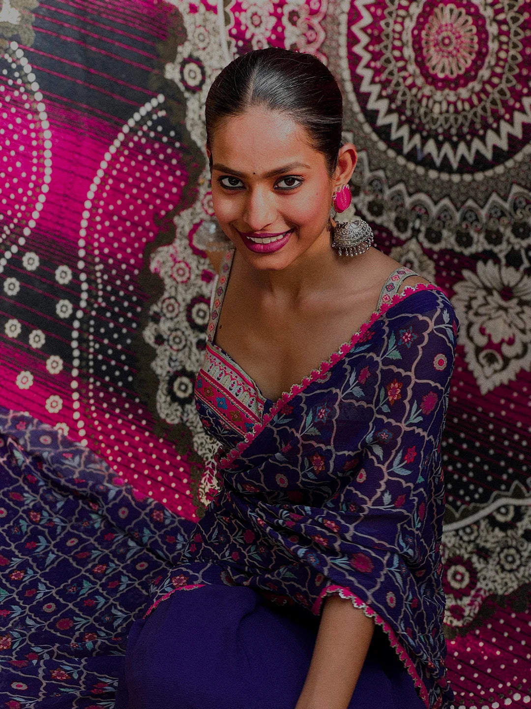 Purple printed saree with bustier blouse set