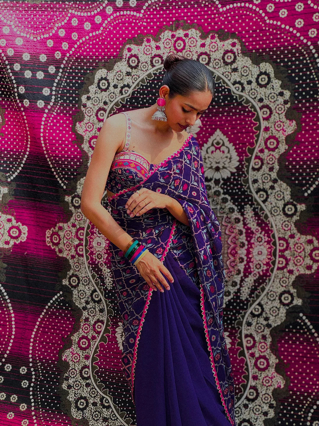 Purple printed saree with bustier blouse set