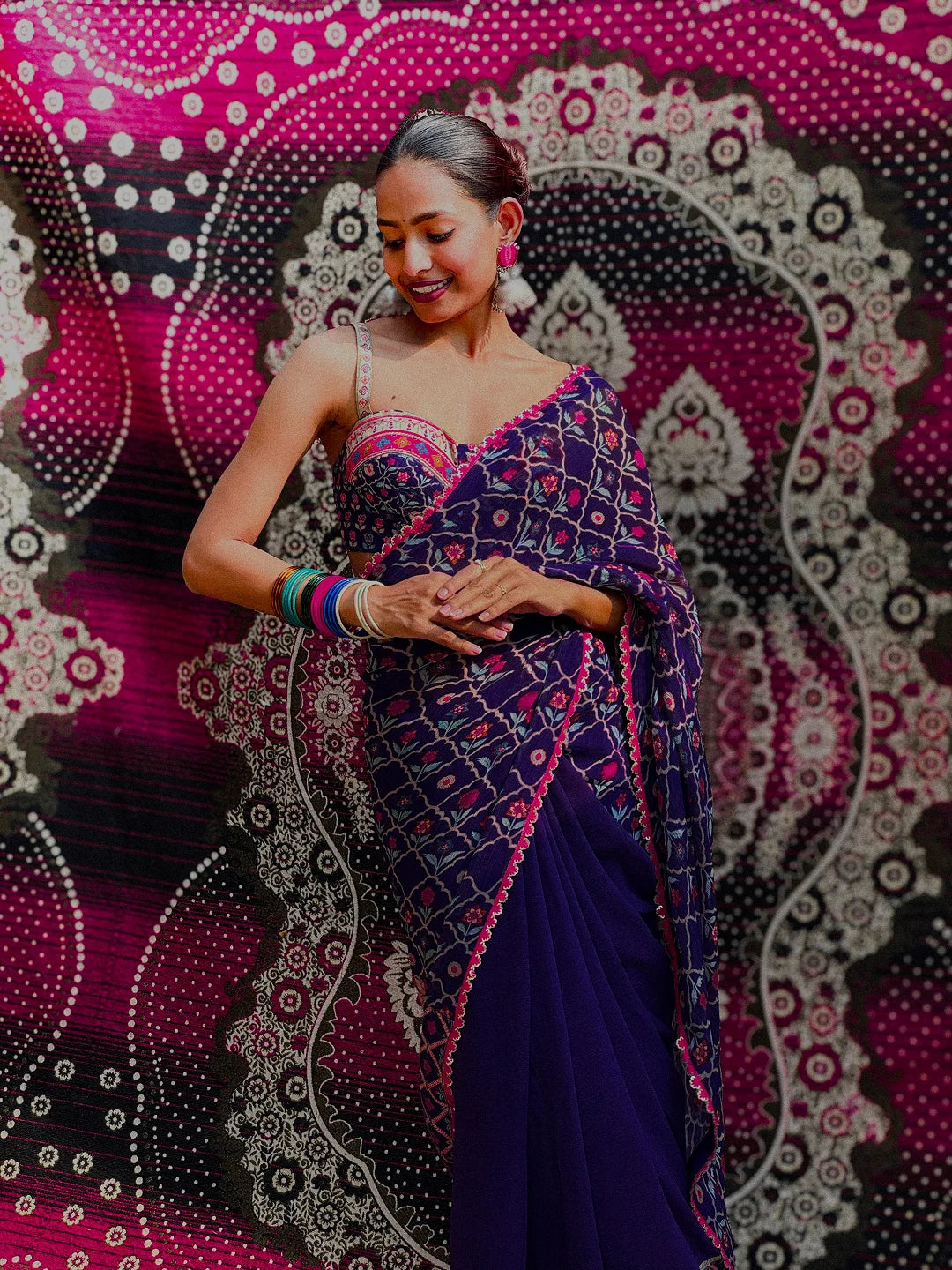 Purple printed saree with bustier blouse set
