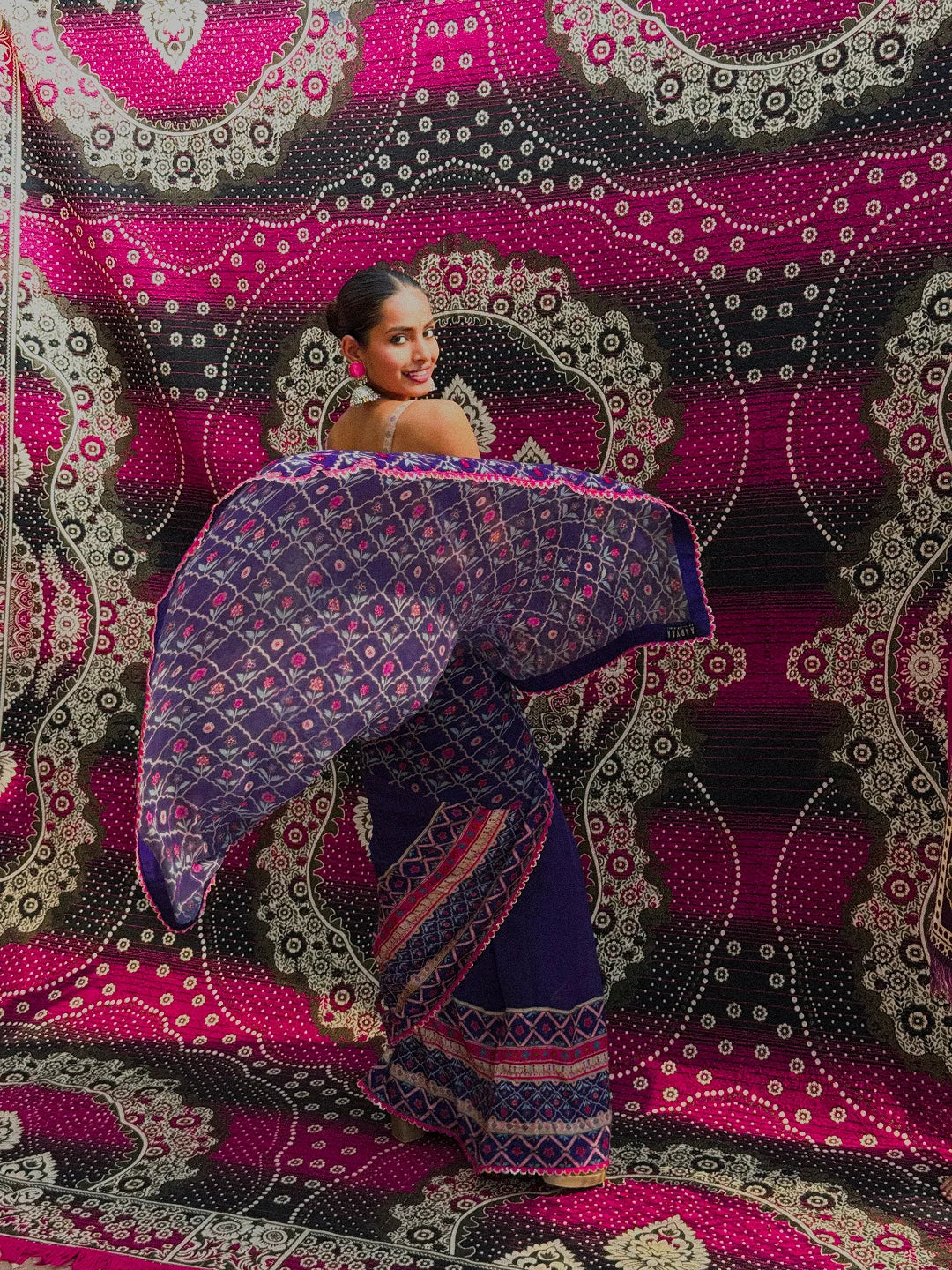 Purple printed saree with bustier blouse set