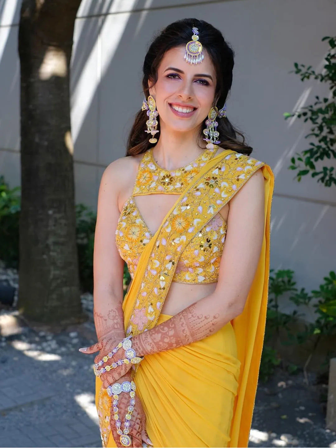 Yellow drape saree with embroidred blouse set